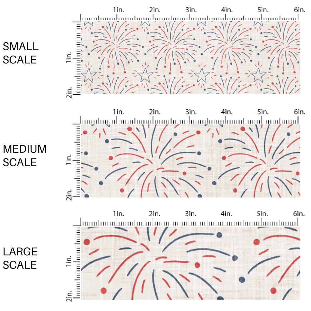 This scale chart of small scale, medium scale, and large scale of this 4th of July fabric by the yard features patriotic red and blue fireworks on cream. This fun patriotic themed fabric can be used for all your sewing and crafting needs!