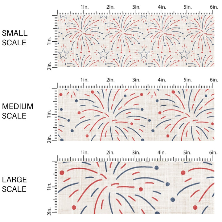 This scale chart of small scale, medium scale, and large scale of this 4th of July fabric by the yard features patriotic red and blue fireworks on cream. This fun patriotic themed fabric can be used for all your sewing and crafting needs!