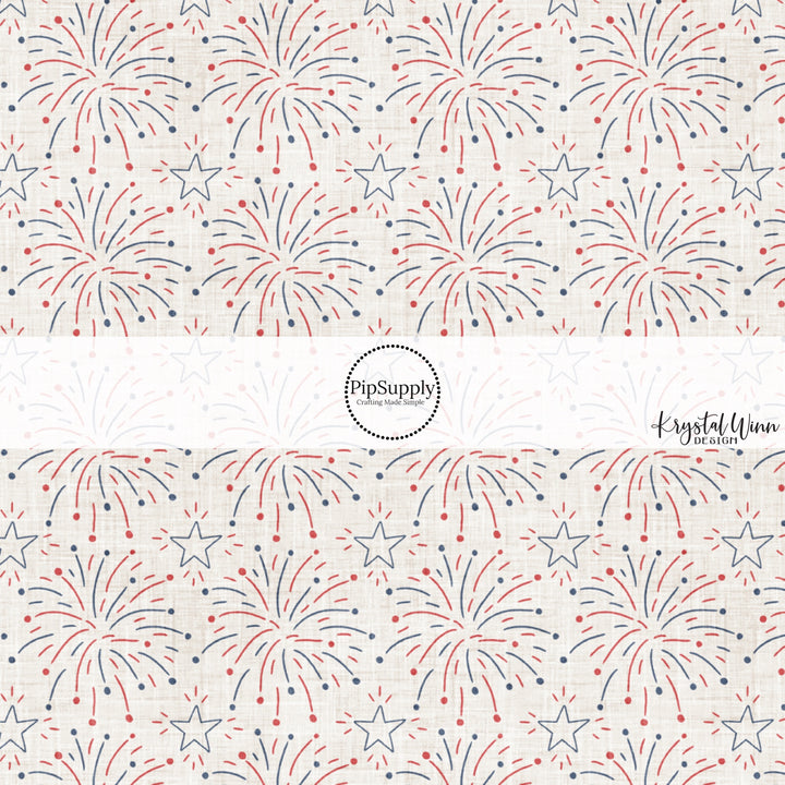 This 4th of July fabric by the yard features patriotic red and blue fireworks on cream. This fun patriotic themed fabric can be used for all your sewing and crafting needs!