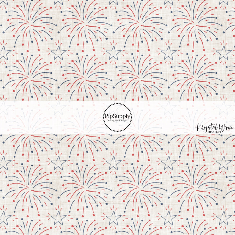 This 4th of July fabric by the yard features patriotic red and blue fireworks on cream. This fun patriotic themed fabric can be used for all your sewing and crafting needs!