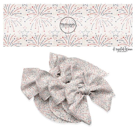 These 4th of July themed no sew bow strips can be easily tied and attached to a clip for a finished hair bow. These patterned bow strips are great for personal use or to sell. These bow strips feature patriotic red and blue fireworks on cream.