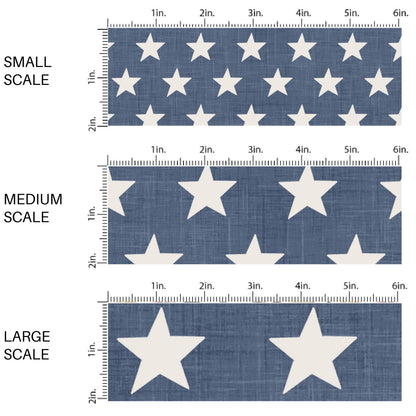 This scale chart of small scale, medium scale, and large scale of this 4th of July fabric by the yard features patriotic stars on blue. This fun patriotic themed fabric can be used for all your sewing and crafting needs!