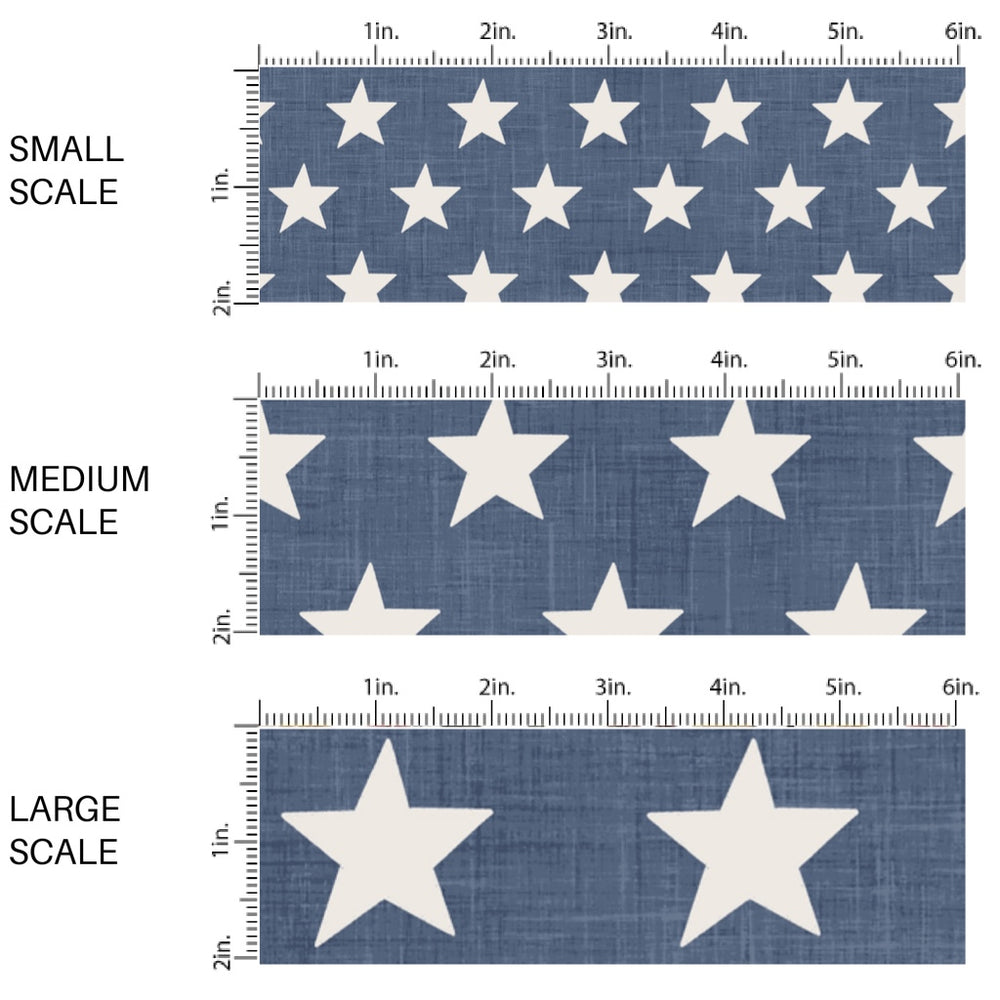 This scale chart of small scale, medium scale, and large scale of this 4th of July fabric by the yard features patriotic stars on blue. This fun patriotic themed fabric can be used for all your sewing and crafting needs!