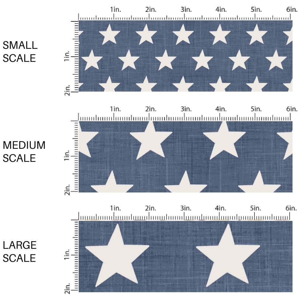 This scale chart of small scale, medium scale, and large scale of this 4th of July fabric by the yard features patriotic stars on blue. This fun patriotic themed fabric can be used for all your sewing and crafting needs!