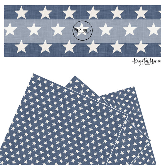 These 4th of July faux leather sheets contain the following design elements: patriotic stars on blue. Our CPSIA compliant faux leather sheets or rolls can be used for all types of crafting projects.