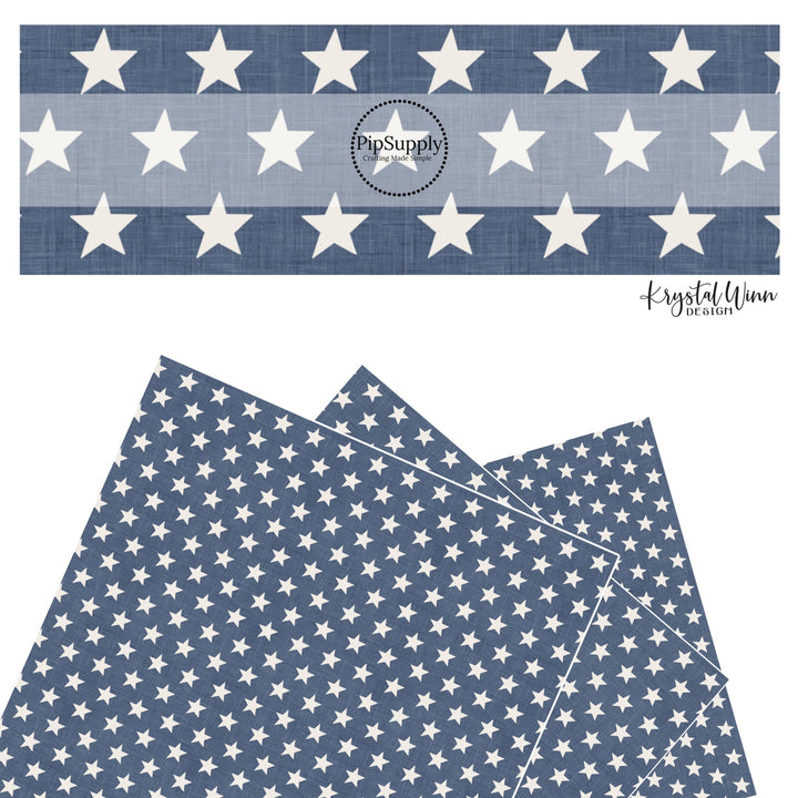 These 4th of July faux leather sheets contain the following design elements: patriotic stars on blue. Our CPSIA compliant faux leather sheets or rolls can be used for all types of crafting projects.