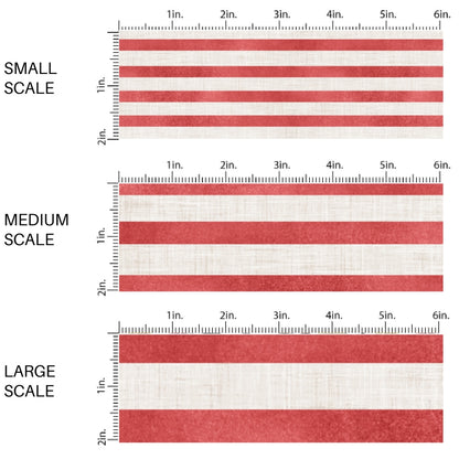 This scale chart of small scale, medium scale, and large scale of this 4th of July fabric by the yard features patriotic cream and red stripes. This fun patriotic themed fabric can be used for all your sewing and crafting needs!