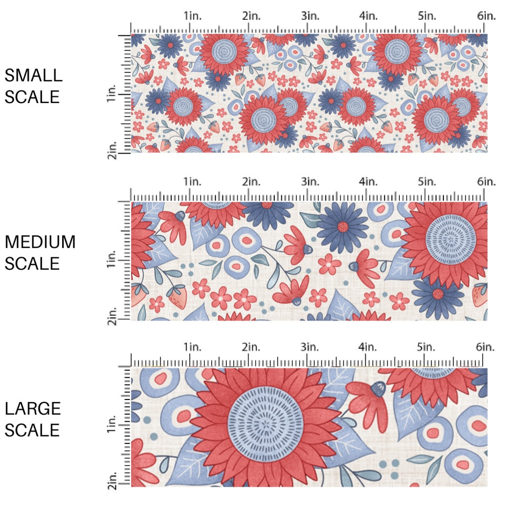 This scale chart of small scale, medium scale, and large scale of this 4th of July fabric by the yard features patriotic red and blue flowers on cream. This fun patriotic themed fabric can be used for all your sewing and crafting needs!