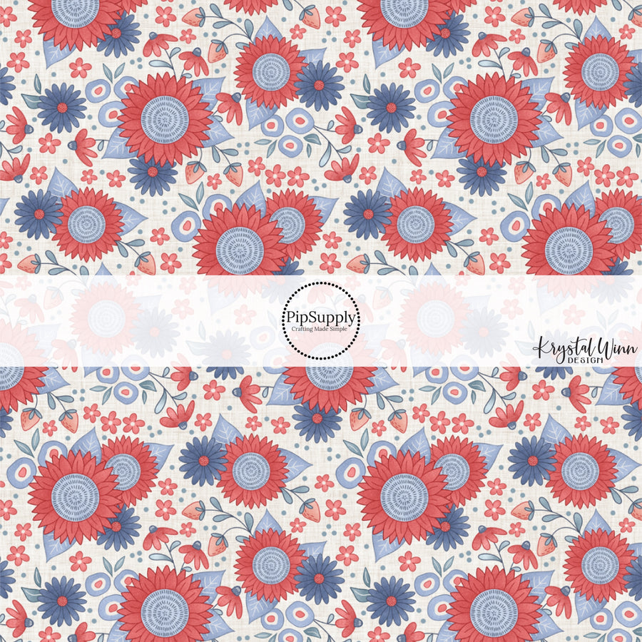 This 4th of July fabric by the yard features patriotic red and blue flowers on cream. This fun patriotic themed fabric can be used for all your sewing and crafting needs!