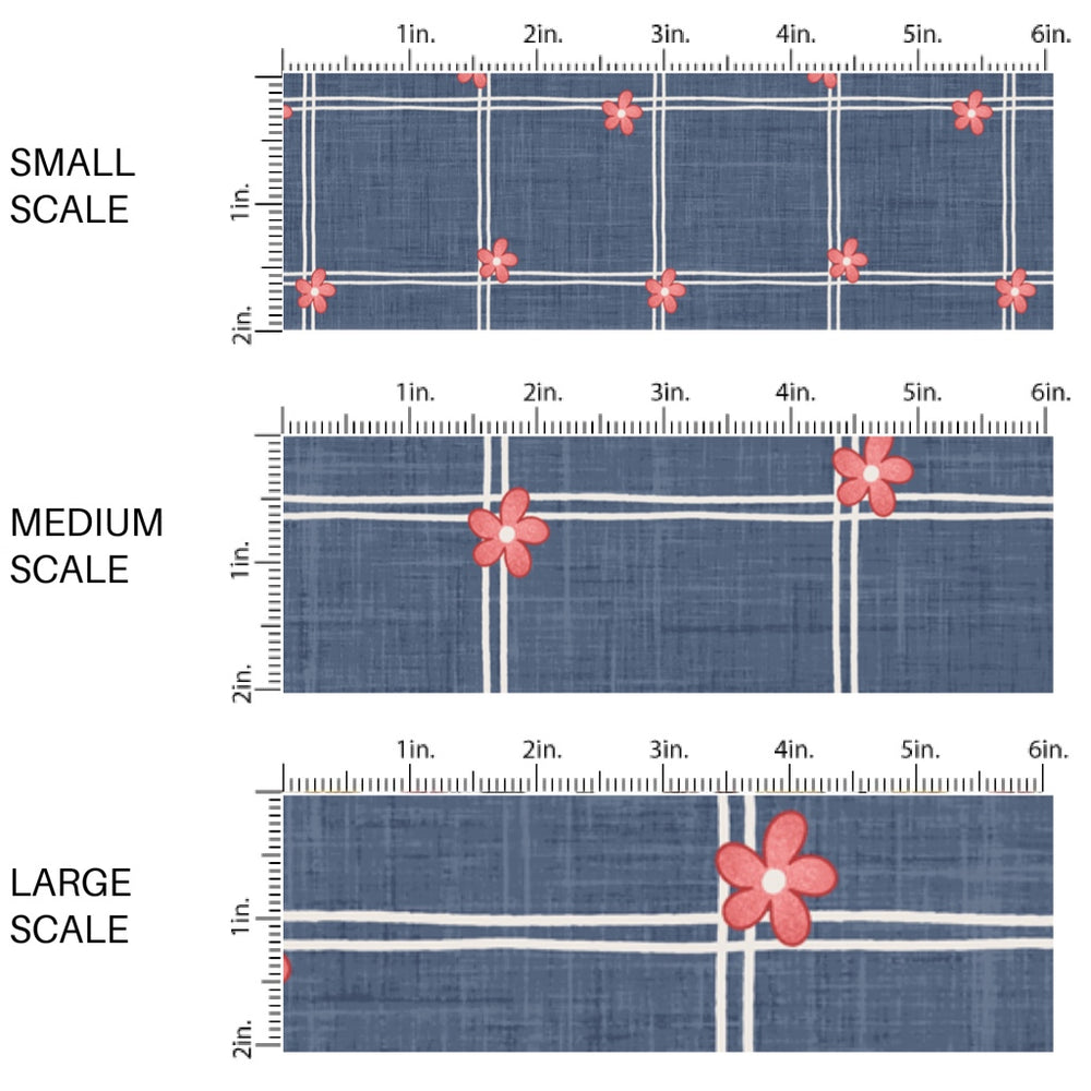 This scale chart of small scale, medium scale, and large scale of this 4th of July fabric by the yard features patriotic flowers on blue plaid. This fun patriotic themed fabric can be used for all your sewing and crafting needs!