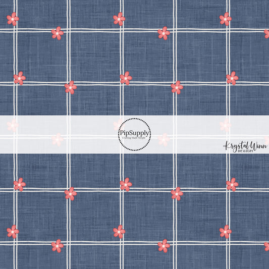 This 4th of July fabric by the yard features patriotic flowers on blue plaid. This fun patriotic themed fabric can be used for all your sewing and crafting needs!