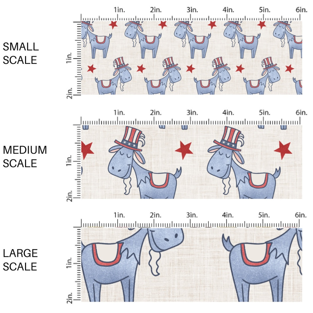 This scale chart of small scale, medium scale, and large scale of this 4th of July fabric by the yard features patriotic goats on cream. This fun patriotic themed fabric can be used for all your sewing and crafting needs!