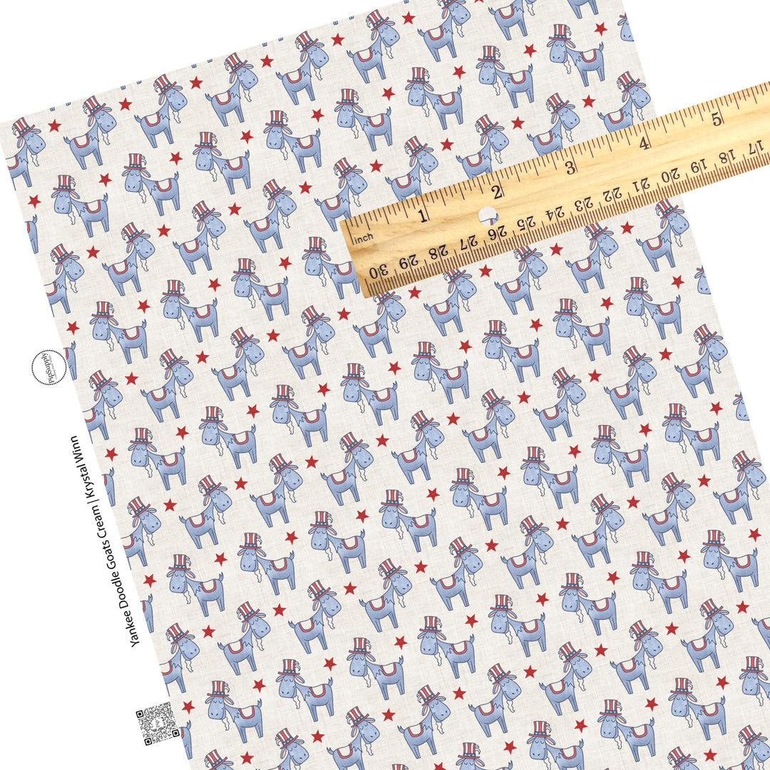 These 4th of July faux leather sheets contain the following design elements: patriotic goats on cream. Our CPSIA compliant faux leather sheets or rolls can be used for all types of crafting projects.