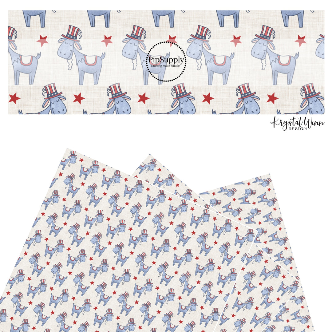 These 4th of July faux leather sheets contain the following design elements: patriotic goats on cream. Our CPSIA compliant faux leather sheets or rolls can be used for all types of crafting projects.