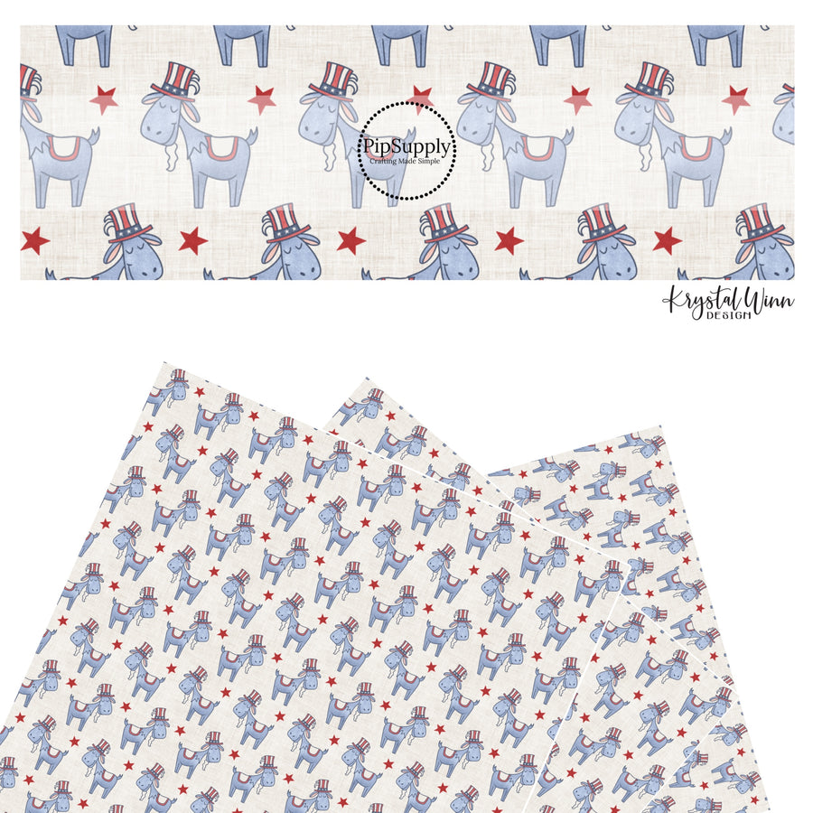 These 4th of July faux leather sheets contain the following design elements: patriotic goats on cream. Our CPSIA compliant faux leather sheets or rolls can be used for all types of crafting projects.