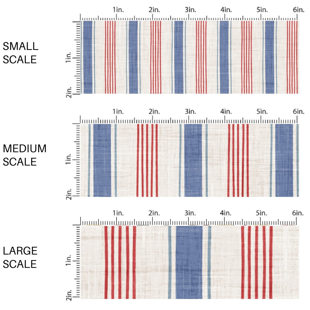 This scale chart of small scale, medium scale, and large scale of this 4th of July fabric by the yard features patriotic cream, blue, and red stripes. This fun patriotic themed fabric can be used for all your sewing and crafting needs!