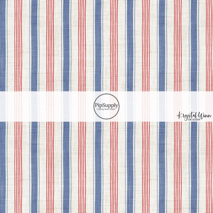 This 4th of July fabric by the yard features patriotic cream, blue, and red stripes. This fun patriotic themed fabric can be used for all your sewing and crafting needs!