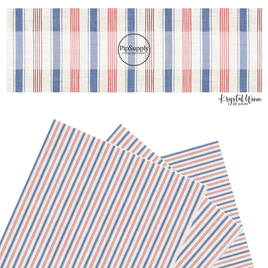 These 4th of July faux leather sheets contain the following design elements: patriotic blue, cream, and red stripes. Our CPSIA compliant faux leather sheets or rolls can be used for all types of crafting projects.