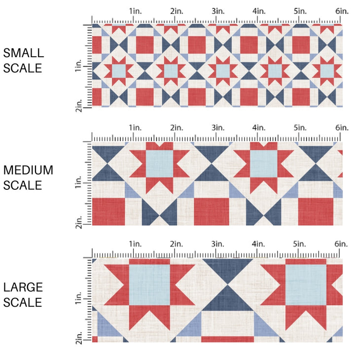 This scale chart of small scale, medium scale, and large scale of this 4th of July fabric by the yard features patriotic cream, blue, and red quilt pattern. This fun patriotic themed fabric can be used for all your sewing and crafting needs!