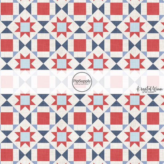 This 4th of July fabric by the yard features patriotic cream, blue, and red quilt pattern. This fun patriotic themed fabric can be used for all your sewing and crafting needs!