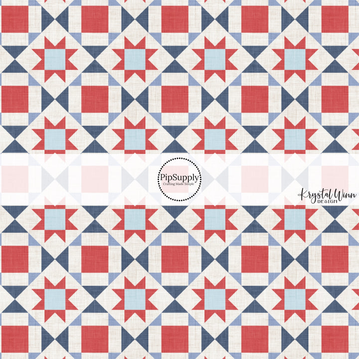 This 4th of July fabric by the yard features patriotic cream, blue, and red quilt pattern. This fun patriotic themed fabric can be used for all your sewing and crafting needs!