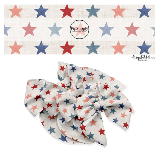 These 4th of July themed no sew bow strips can be easily tied and attached to a clip for a finished hair bow. These patterned bow strips are great for personal use or to sell. These bow strips feature patriotic red and blue stars on cream.