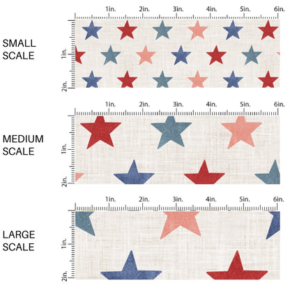 This scale chart of small scale, medium scale, and large scale of this 4th of July fabric by the yard features patriotic red and blue stars on cream. This fun patriotic themed fabric can be used for all your sewing and crafting needs!