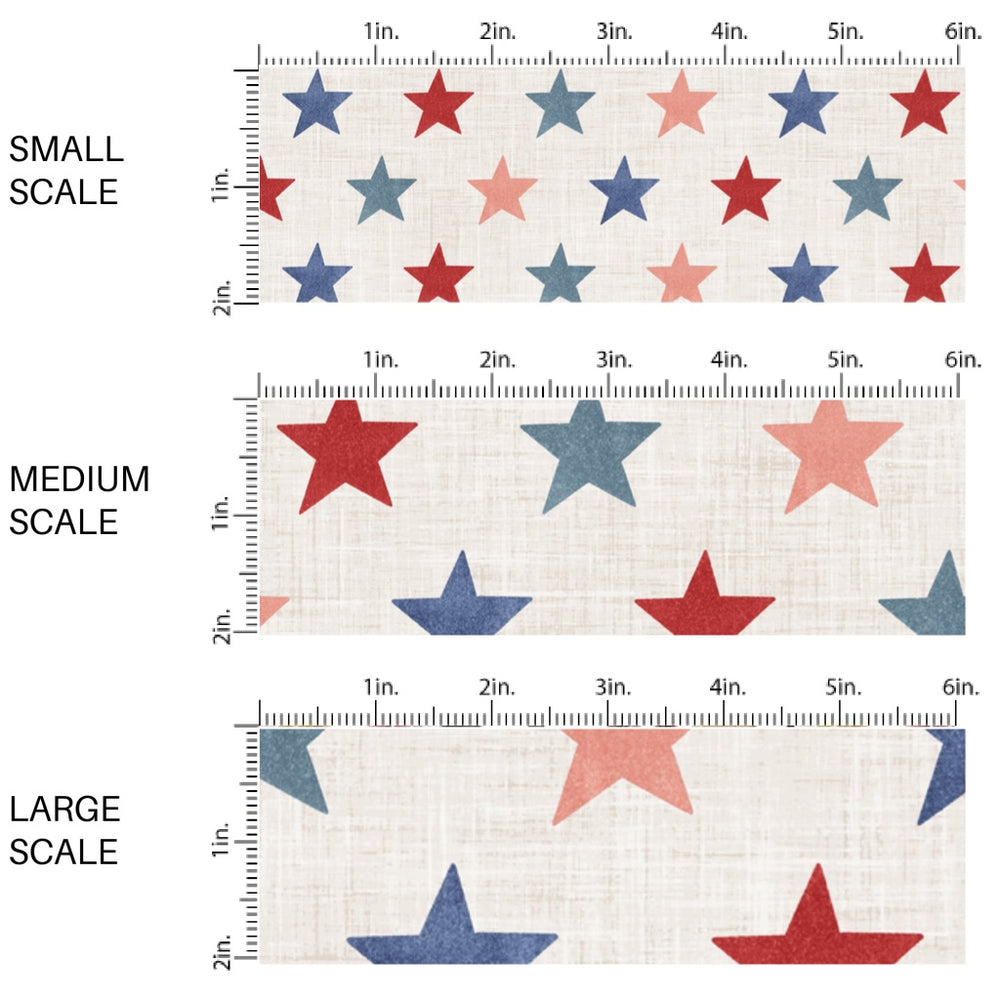 This scale chart of small scale, medium scale, and large scale of this 4th of July fabric by the yard features patriotic red and blue stars on cream. This fun patriotic themed fabric can be used for all your sewing and crafting needs!