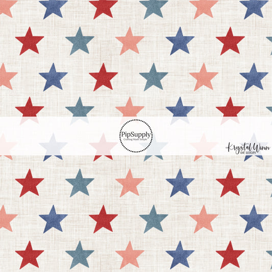 This 4th of July fabric by the yard features patriotic red and blue stars on cream. This fun patriotic themed fabric can be used for all your sewing and crafting needs!