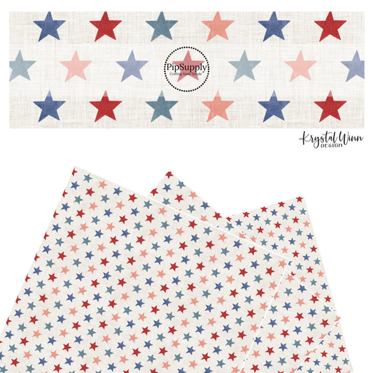 These 4th of July faux leather sheets contain the following design elements: patriotic red and blue stars on cream. Our CPSIA compliant faux leather sheets or rolls can be used for all types of crafting projects.