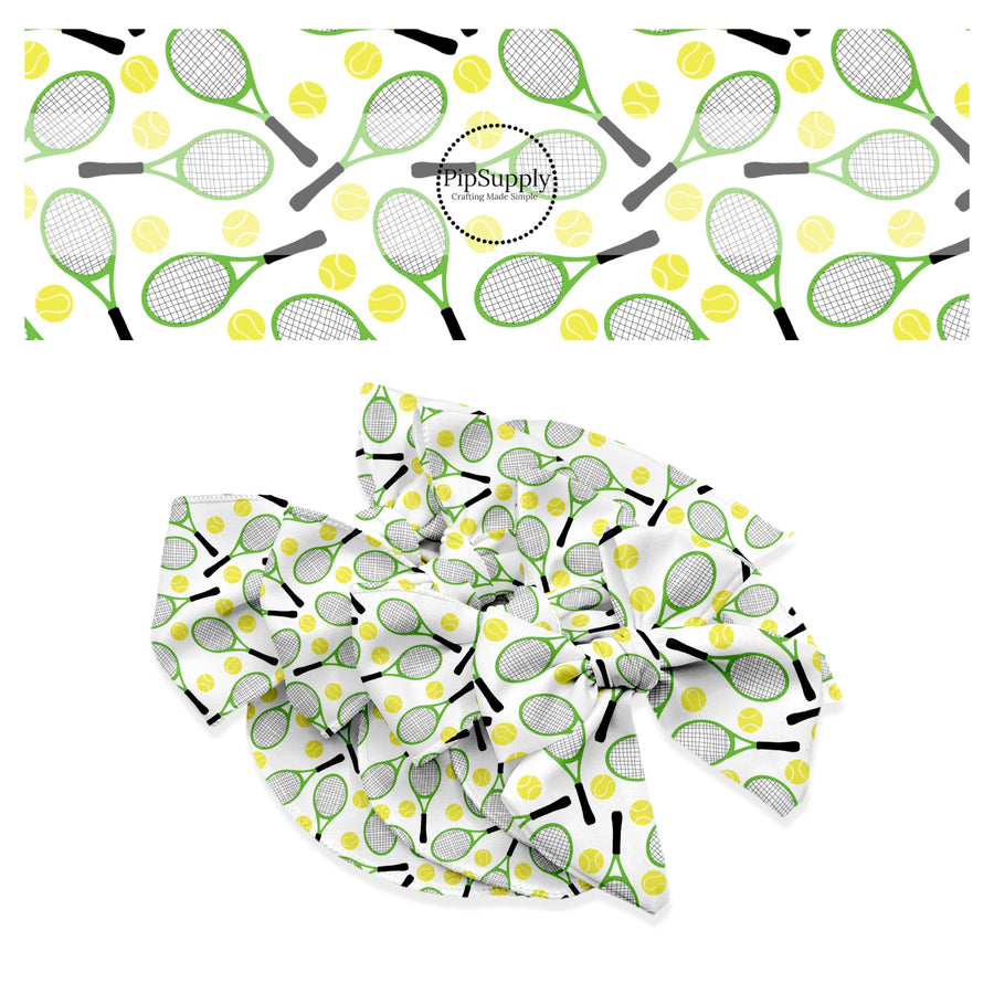 Small yellow tennis ball with green and black tennis racket on white bow strips