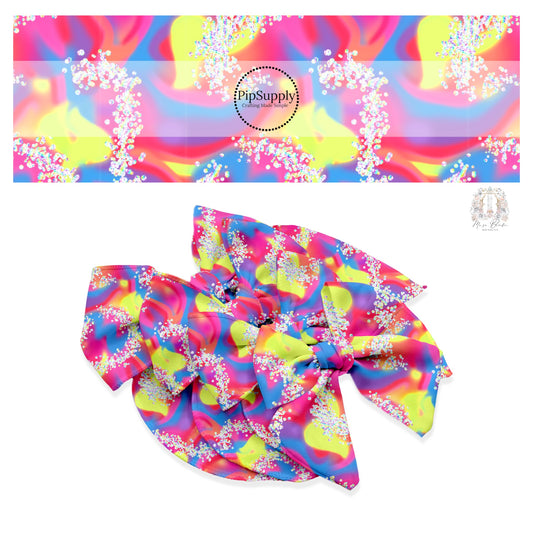Yellow, blue, and pink swirls with glitter spots bow strips