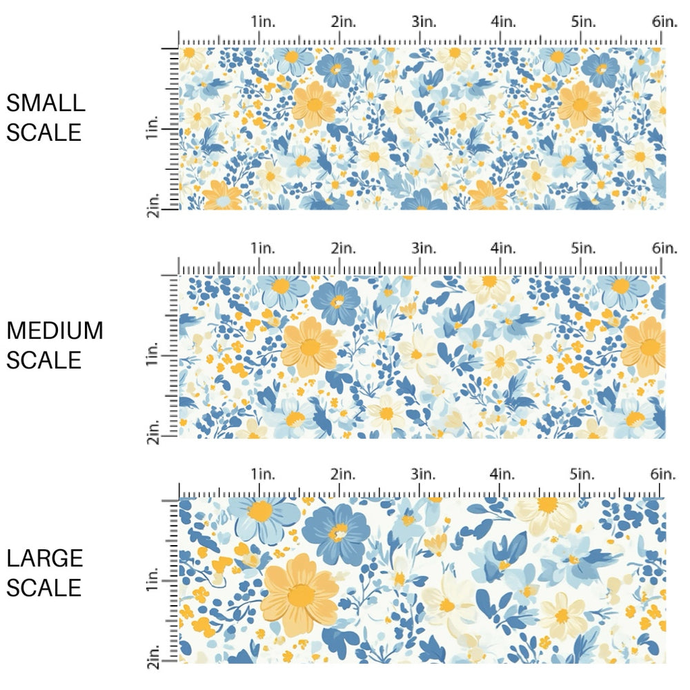 This spring fabric by the yard features blue and yellow flowers. This fun pattern fabric can be used for all your sewing and crafting needs!