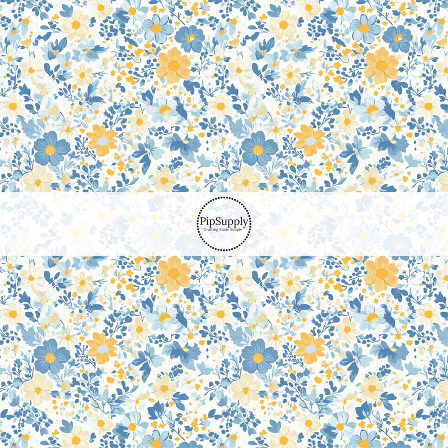 This spring fabric by the yard features blue and yellow flowers. This fun pattern fabric can be used for all your sewing and crafting needs!