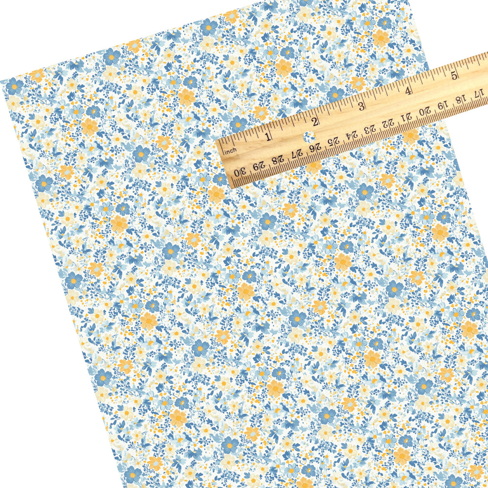 These spring themed faux leather sheets contain the following design elements: blue and yellow flowers. Our CPSIA compliant faux leather sheets or rolls can be used for all types of crafting projects.