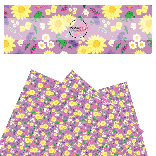 Yellow and purple flowers with chameleon and frying pan on purple faux leather sheets
