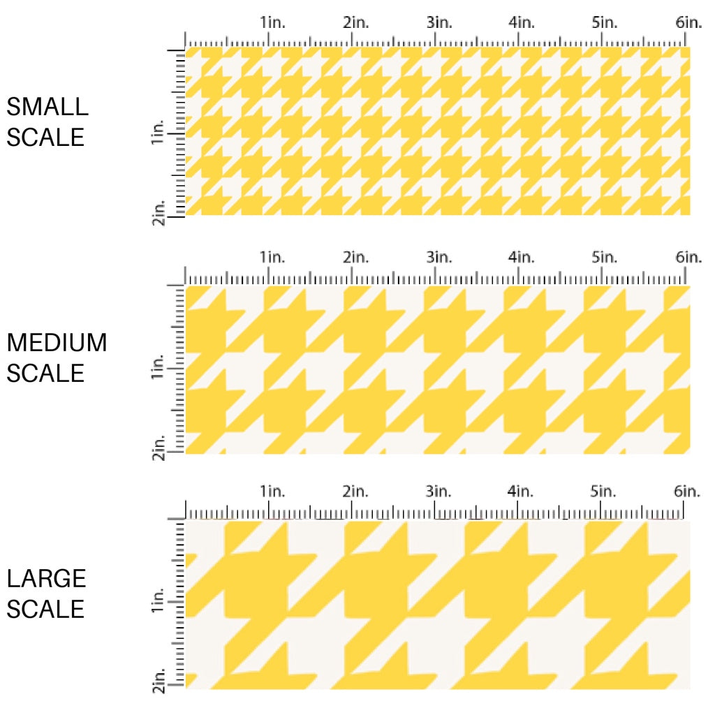 This scale chart of small scale, medium scale, and large scale of these school pattern themed fabric by the yard features yellow and white houndstooth pattern. This fun themed fabric can be used for all your sewing and crafting needs!