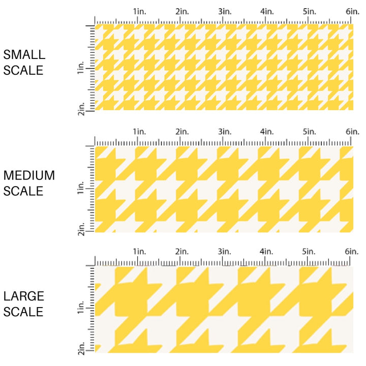 This scale chart of small scale, medium scale, and large scale of these school pattern themed fabric by the yard features yellow and white houndstooth pattern. This fun themed fabric can be used for all your sewing and crafting needs!