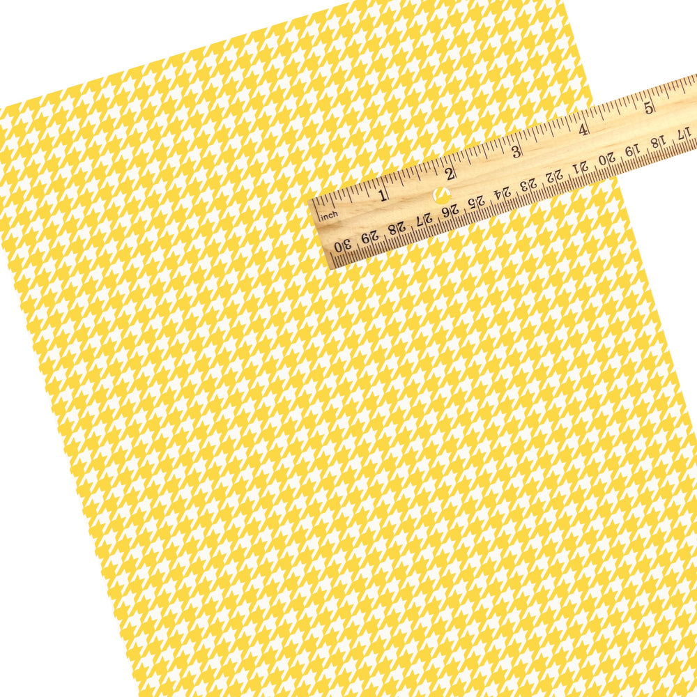 These school pattern themed faux leather sheets contain the following design elements: yellow and white houndstooth pattern. Our CPSIA compliant faux leather sheets or rolls can be used for all types of crafting projects.