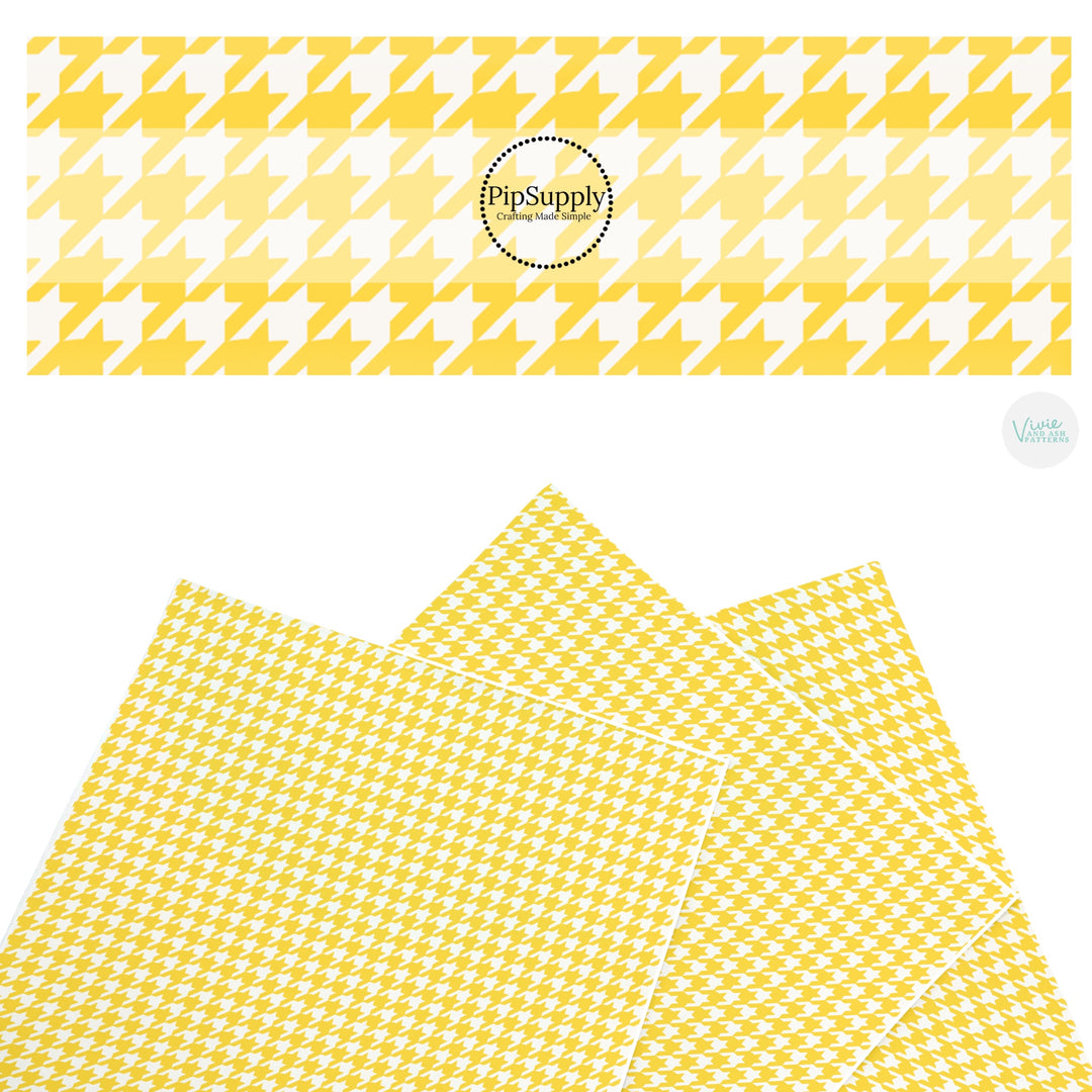 These school pattern themed faux leather sheets contain the following design elements: yellow and white houndstooth pattern. Our CPSIA compliant faux leather sheets or rolls can be used for all types of crafting projects.