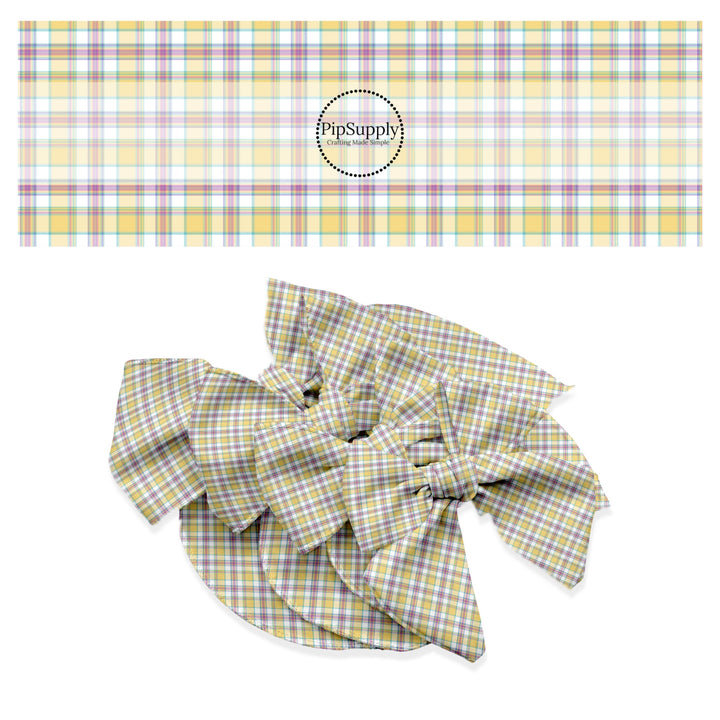 These spring themed no sew bow strips can be easily tied and attached to a clip for a finished hair bow. These festive bow strips are great for personal use or to sell. These bow strips feature the following design elements: yellow spring tartan pattern.