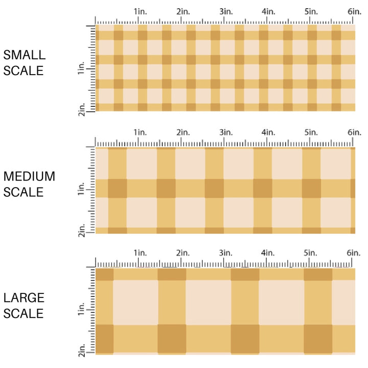 This scale chart of small scale, medium scale, and large scale of this summer fabric by the yard features summer haze yellow and cream plaid pattern. This fun summer themed fabric can be used for all your sewing and crafting needs!