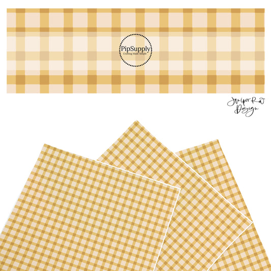 These summer faux leather sheets contain the following design elements: summer haze yellow and cream plaid pattern. Our CPSIA compliant faux leather sheets or rolls can be used for all types of crafting projects.