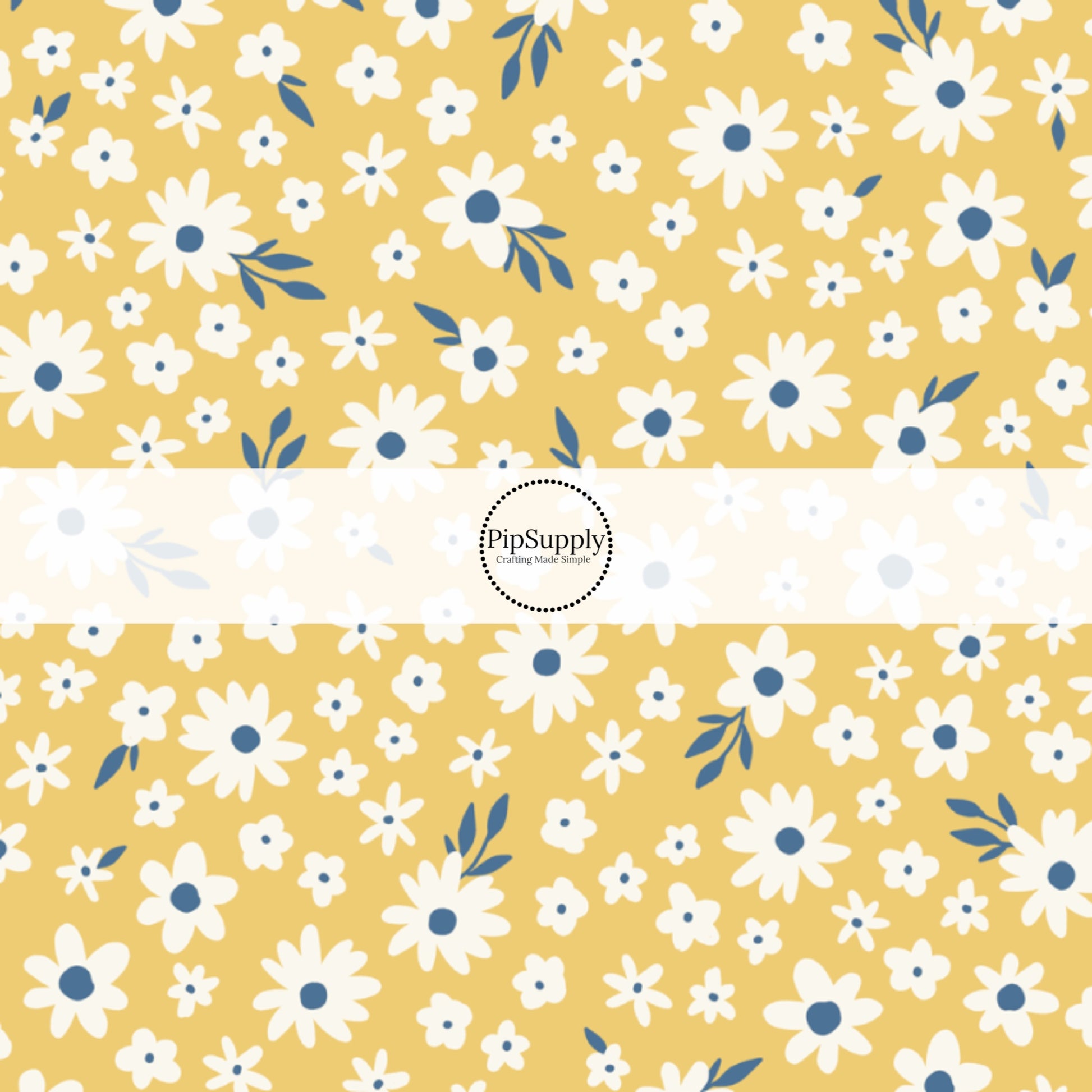 Blue and White Florals on Yellow Fabric by the Yard.