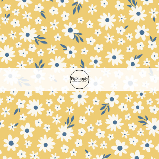 Blue and White Florals on Yellow Fabric by the Yard.