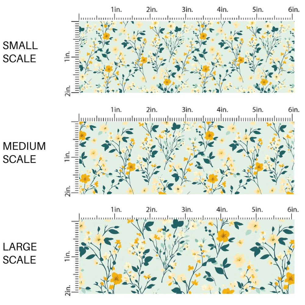 These floral fabric by the yard features tiny blue and yellow flowers and leaves on teal. This fun pattern fabric can be used for all your sewing and crafting needs!