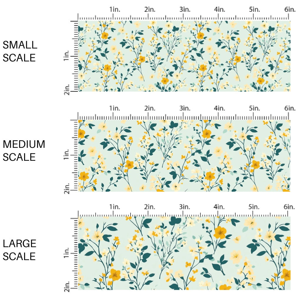 These floral fabric by the yard features tiny blue and yellow flowers and leaves on teal. This fun pattern fabric can be used for all your sewing and crafting needs!