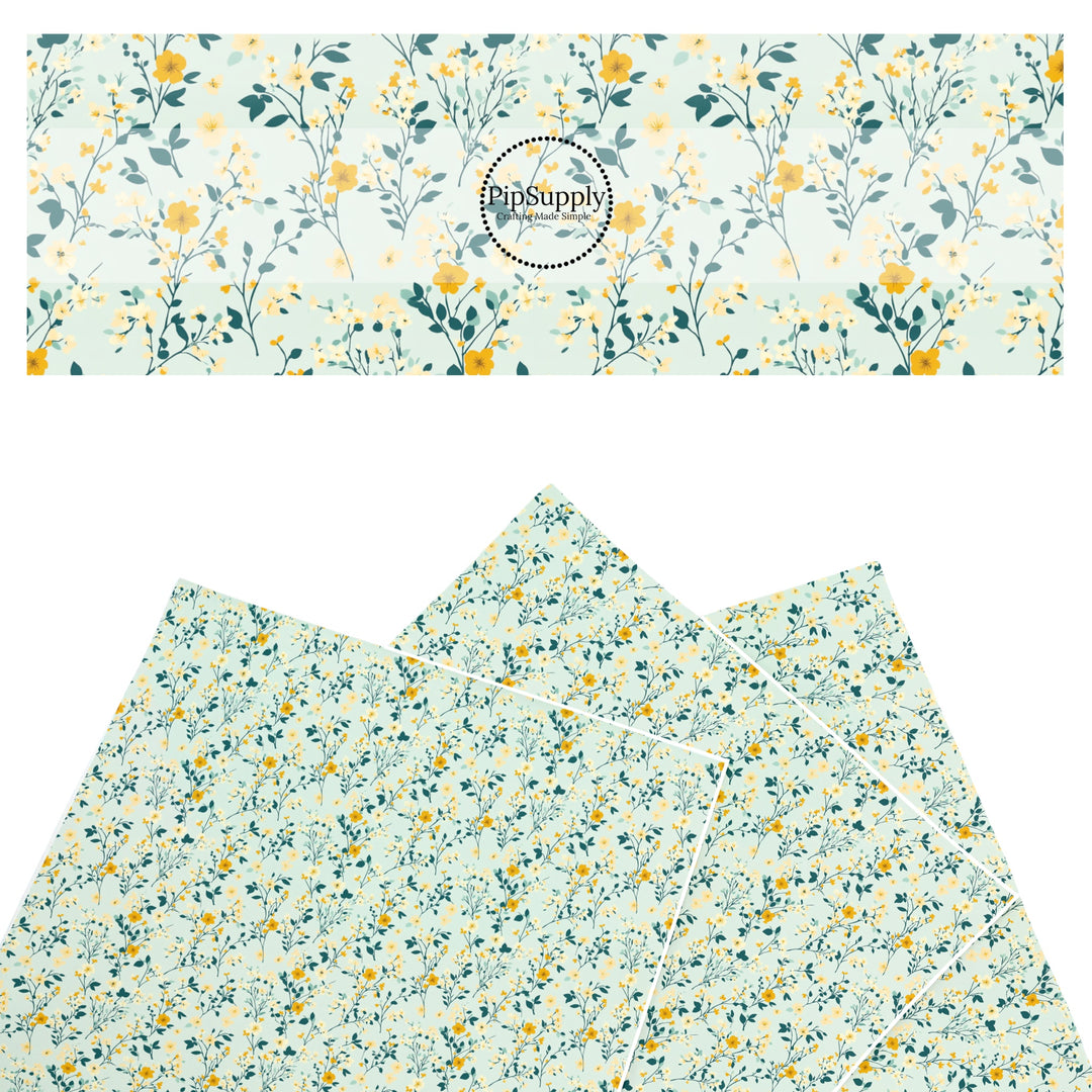 These floral themed faux leather sheets contain the following design elements: tiny blue and yellow flowers and leaves on teal. Our CPSIA compliant faux leather sheets or rolls can be used for all types of crafting projects.