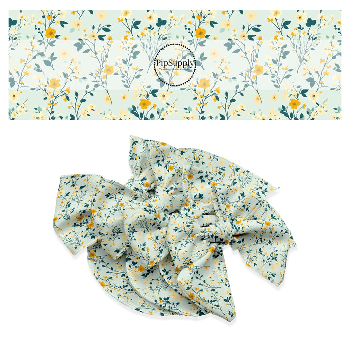 These floral themed no sew bow strips can be easily tied and attached to a clip for a finished hair bow. These festive bow strips are great for personal use or to sell. These bow strips feature the following design elements: tiny blue and yellow flowers and leaves on teal.