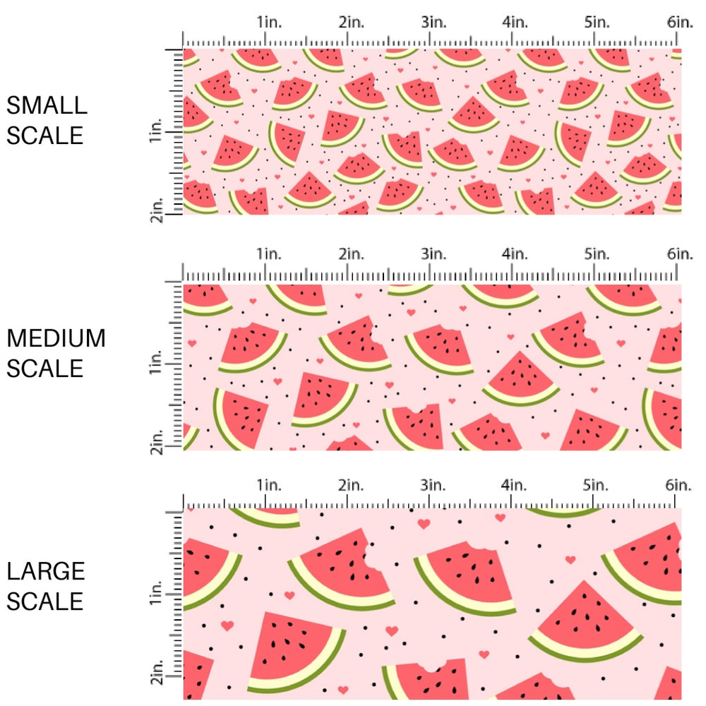 These fruit fabric by the yard features watermelon slices surrounded by tiny watermelon seeds and hearts. This fun pattern fabric can be used for all your sewing and crafting needs!